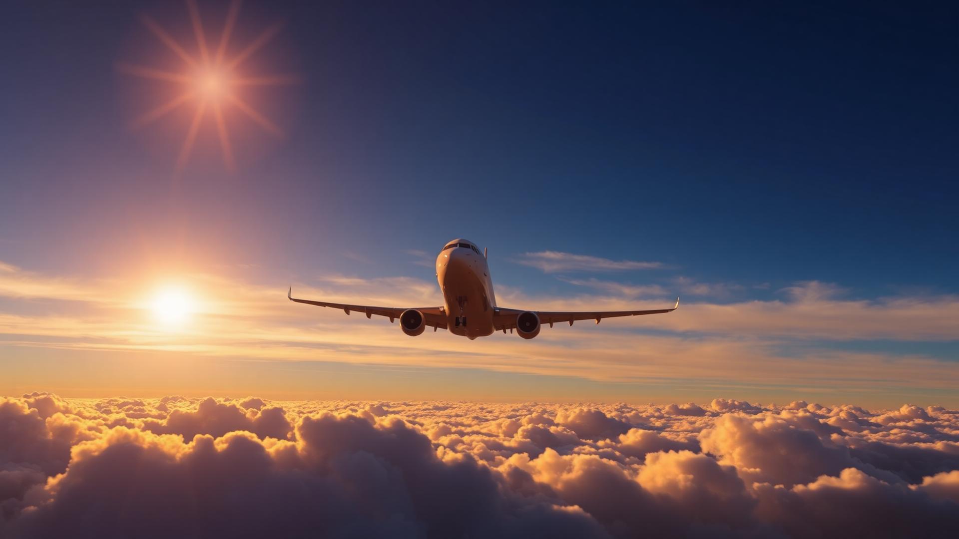 Flugzeug über Wolken bei Sonnenuntergang